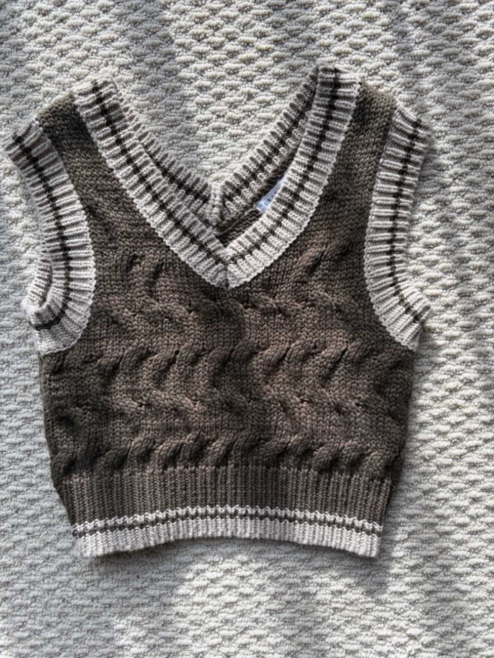 Crescent Brown Cable Knit V-Neck Sweater Vest with Cream Trim
